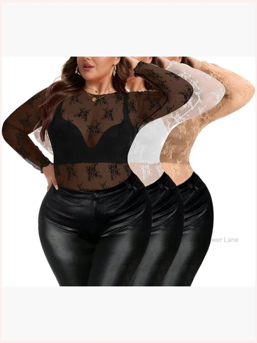 Plus Size Lace Mesh Long Sleeve Mock Neck Blouson Top
